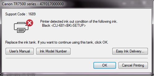 Canon TR7560 CLI681BK ink out condition detected